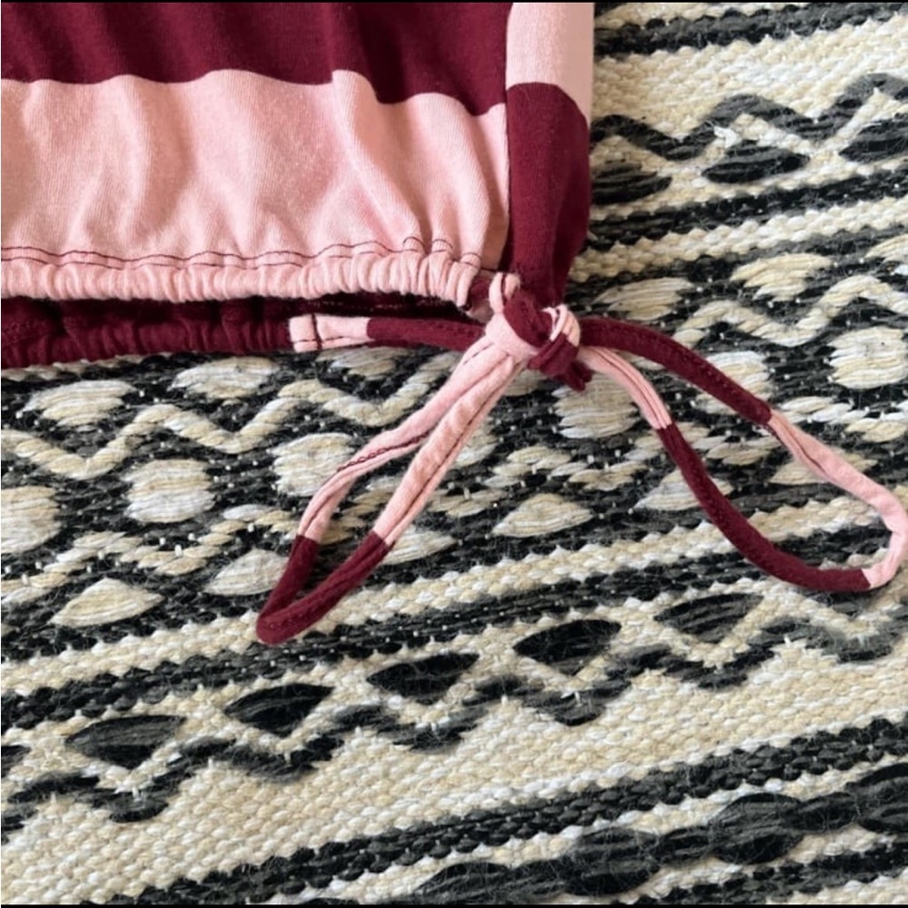 Pink and Burgundy striped cropped t shirt with white collar